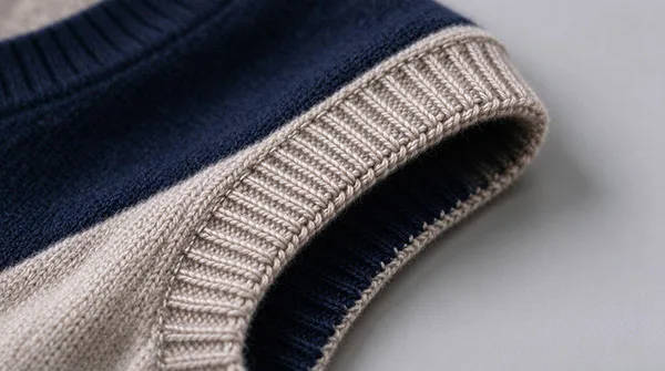 Macro detail of point-to-point linking on a women's sleeveless vest armhole ensuring high edge elasticity and durability