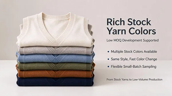 Stack of women's sleeveless knit vests in multiple stock-supported yarn colors for low MOQ sweater production