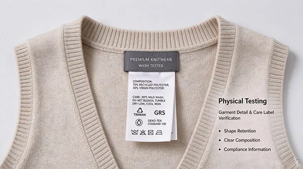 High-quality women's knit vest showing neat neckline and international trade compliant care label