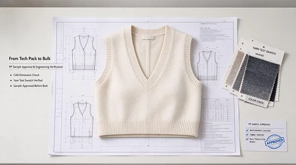 Approved pre-production sample of a custom women's knit vest placed on its manufacturing tech pack and washed swatch