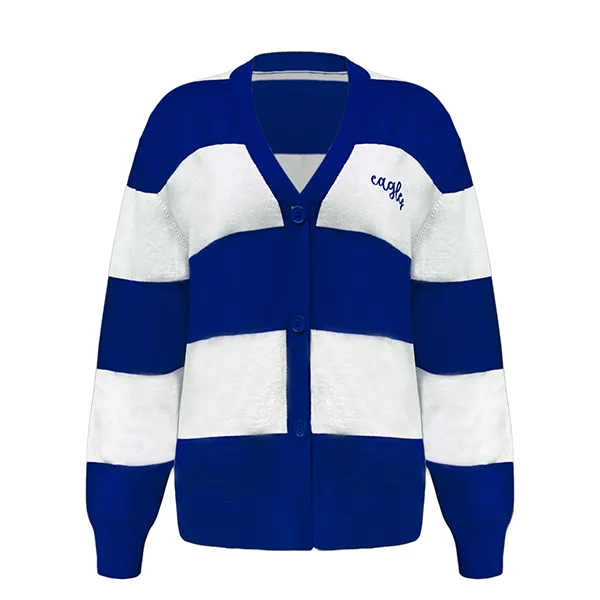 blue colorblocked striped knit v-neck cardigan with buttons