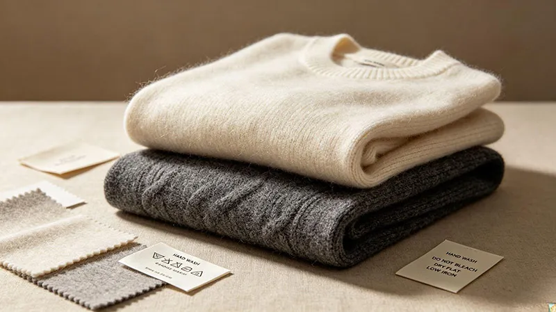 Luxury cashmere sweater flat lay with care label detail for B2B apparel sourcing