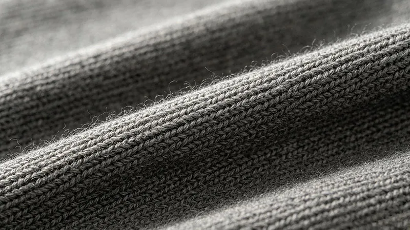 Macro close-up of 18-gauge fine-knit sweater fabric structure and stitch density