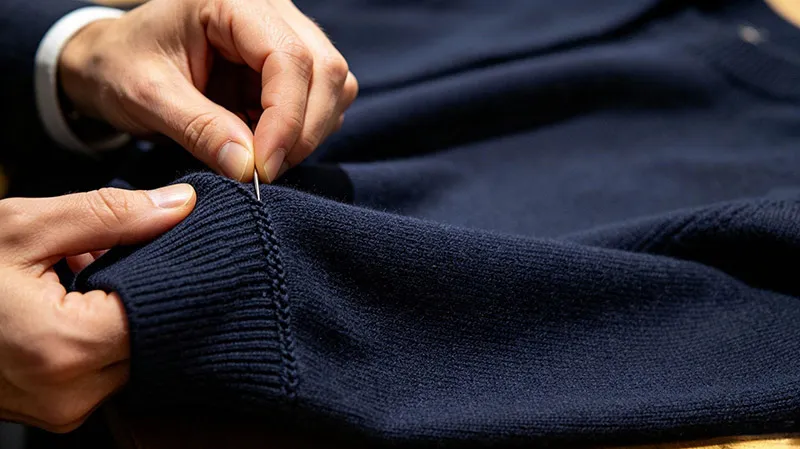 Skilled worker performing hand-linking seam construction on luxury knitwear collar