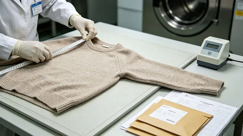 Knitwear factory QC lab performing whole garment shrinkage and wash testing for US market