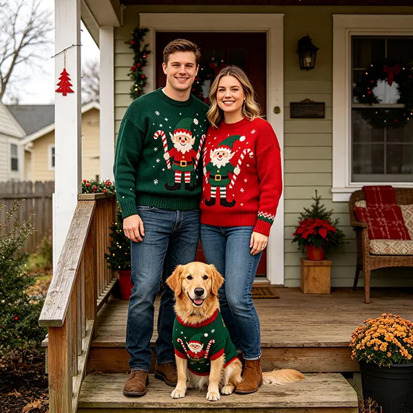 matching human dog elf christmas sweaters on porch steps