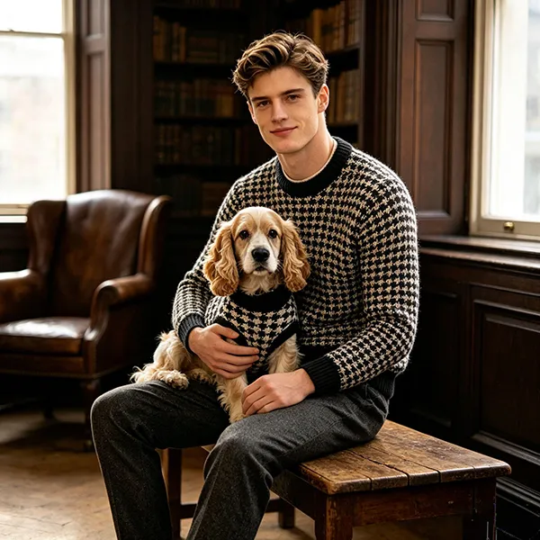 matching houndstooth jacquard sweaters in classic study room