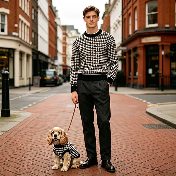 matching human dog houndstooth sweaters on city sidewalk