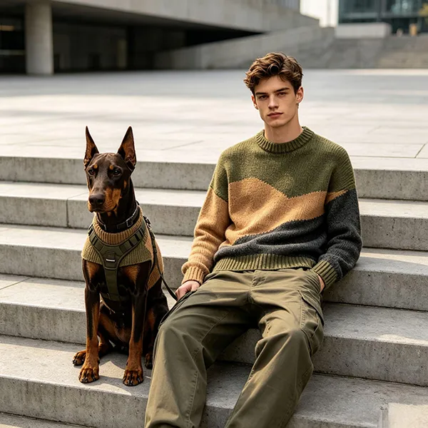 matching human and dog color block sweaters on stone steps