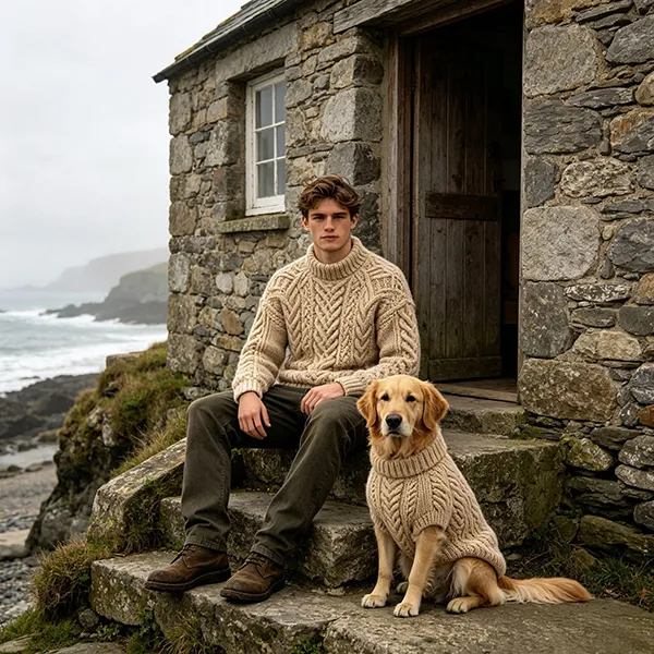 matching fisherman cable knit sweaters on stone cottage steps