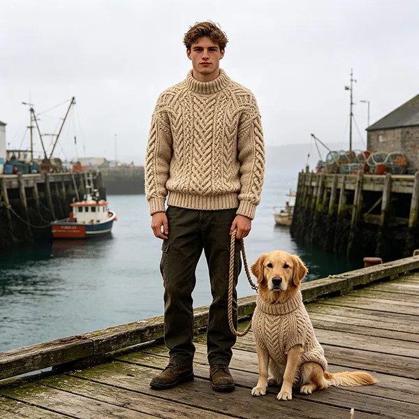 matching human and dog cable knit sweaters at harbor dock
