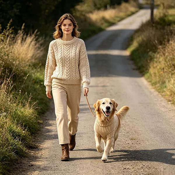 woman walking dog in matching cable knit sweaters