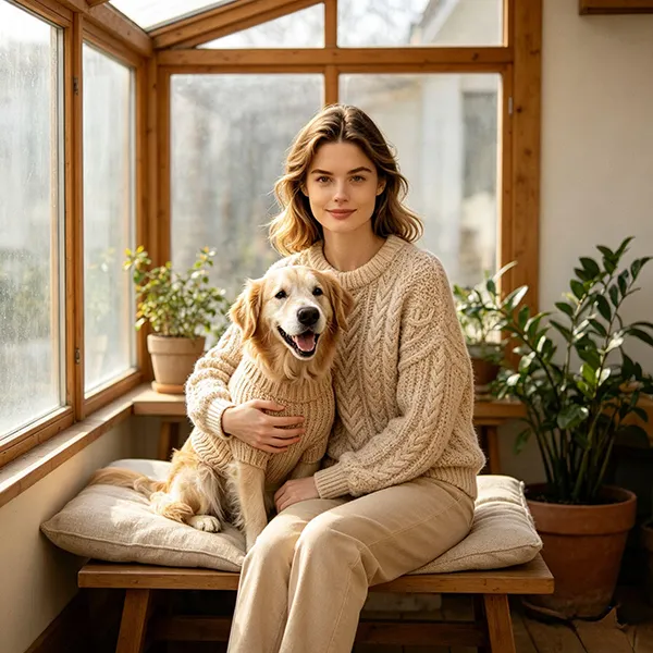 matching cable knit sweaters in sunny greenhouse interior