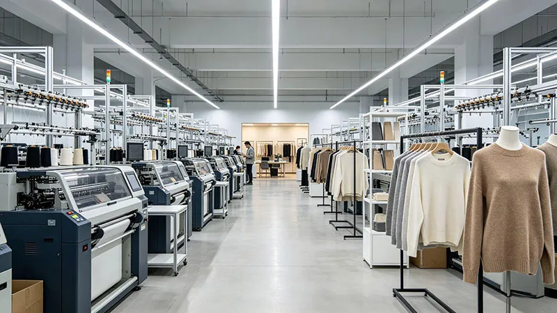 Modern knitwear manufacturing facility and custom sweater production line at Guangzhou Junma Apparel