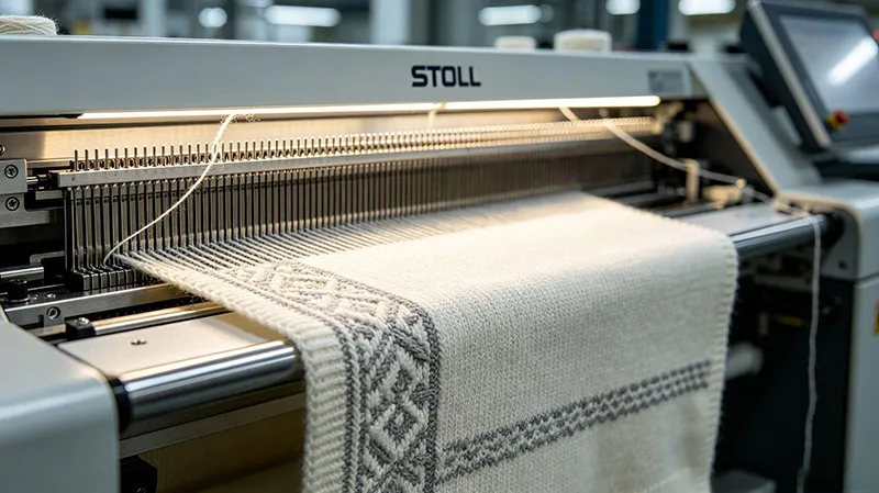 STOLL computerized flat knitting machine producing high quality sweater fabric