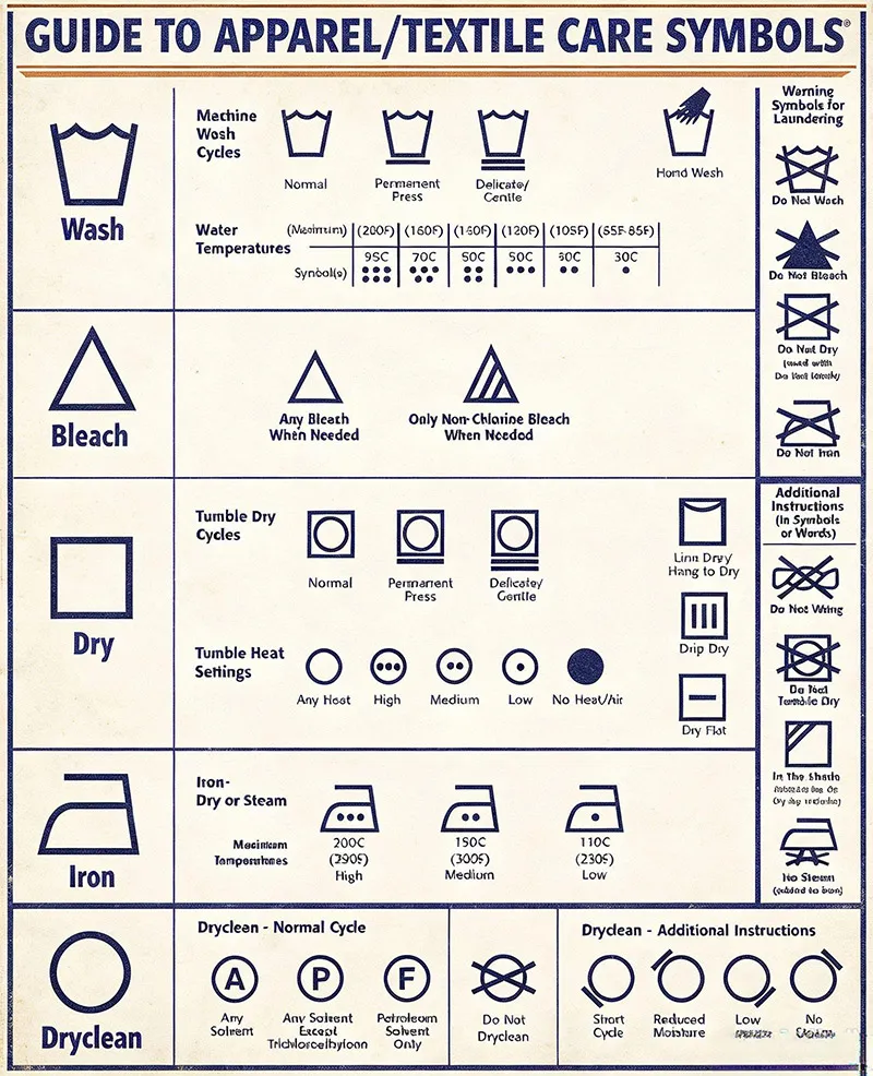 ASTM D5489 and FTC apparel textile care symbols compliance chart for US importers