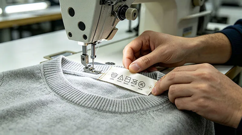 Precision care label stitching on a knitwear sweater at JMSWEATER factory