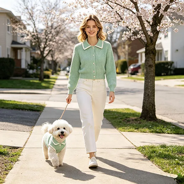 matching lapel button cardigan sweaters under cherry trees
