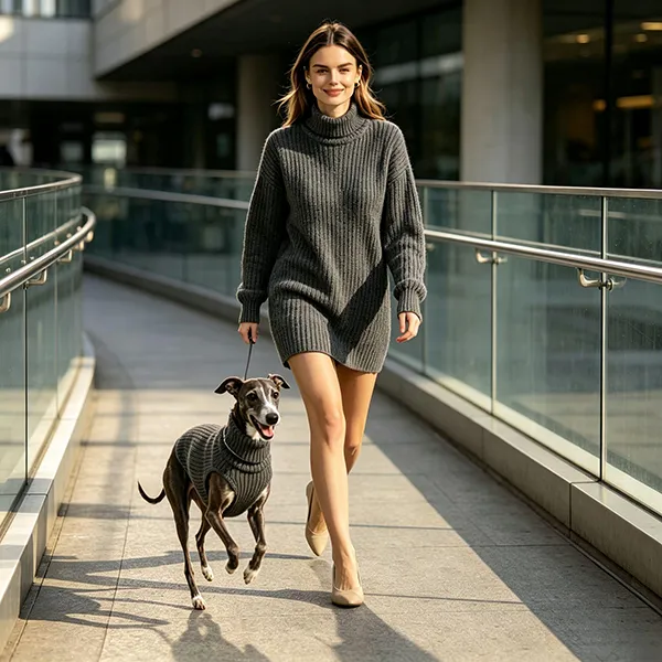matching ribbed turtleneck dress and dog sweater walking