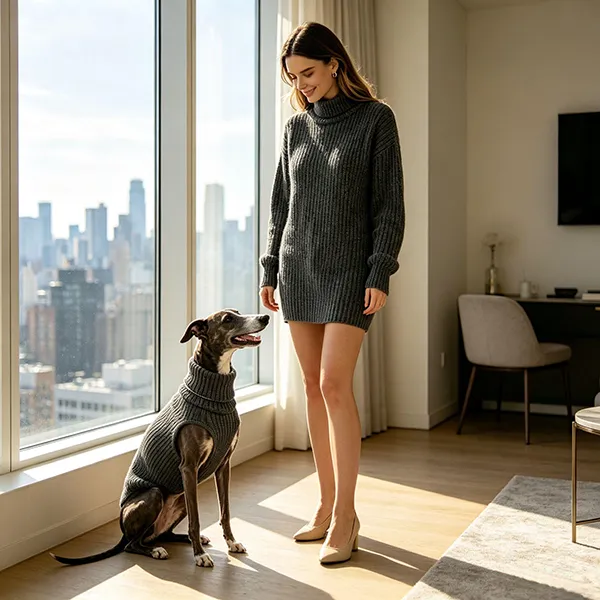 ribbed turtleneck dress and dog sweater by city window