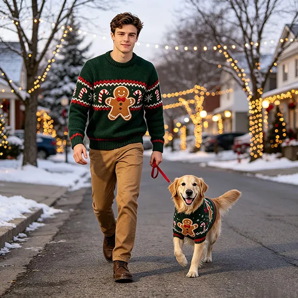matching gingerbread man holiday sweater walking outdoors
