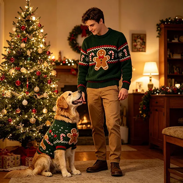gingerbread man holiday matching sweater by christmas tree