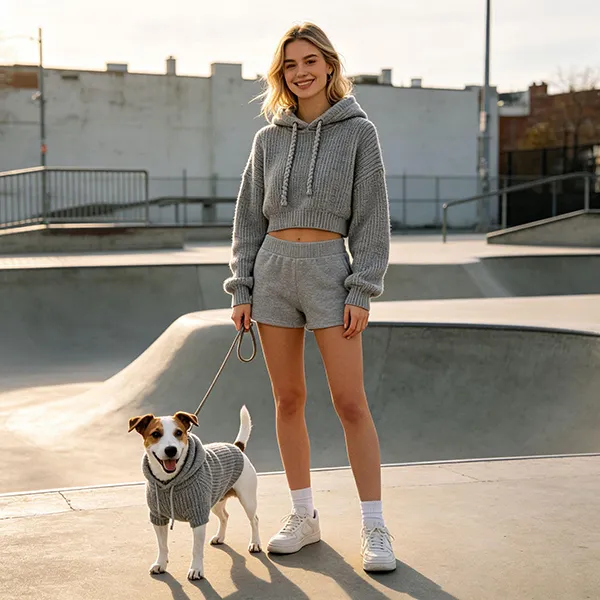 knitted hoodie and shorts set with matching dog hoodie outdoors