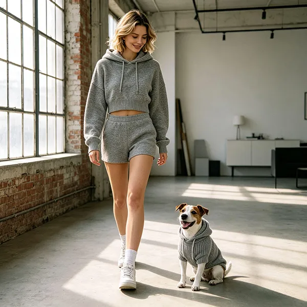 knitted hoodie and shorts set with matching dog hoodie indoors